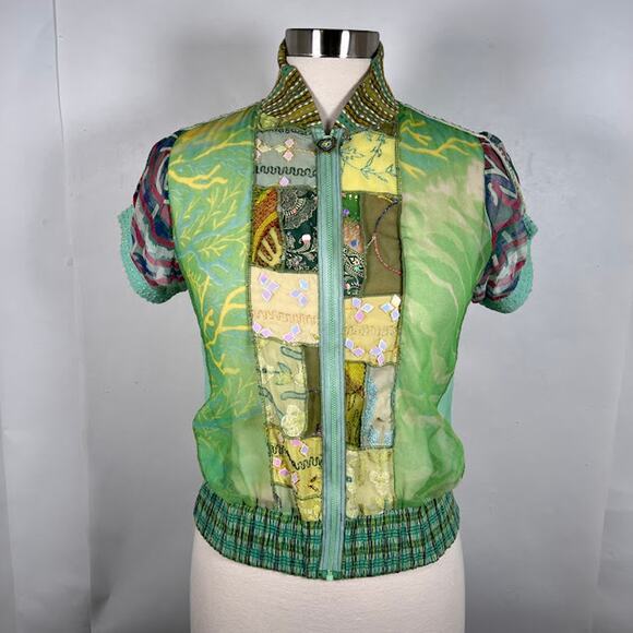 Vintage Paul Ropp Embroidered Patchwork Full Zip Top Shirt 3 Green Short Sleeve - Picture 2 of 8